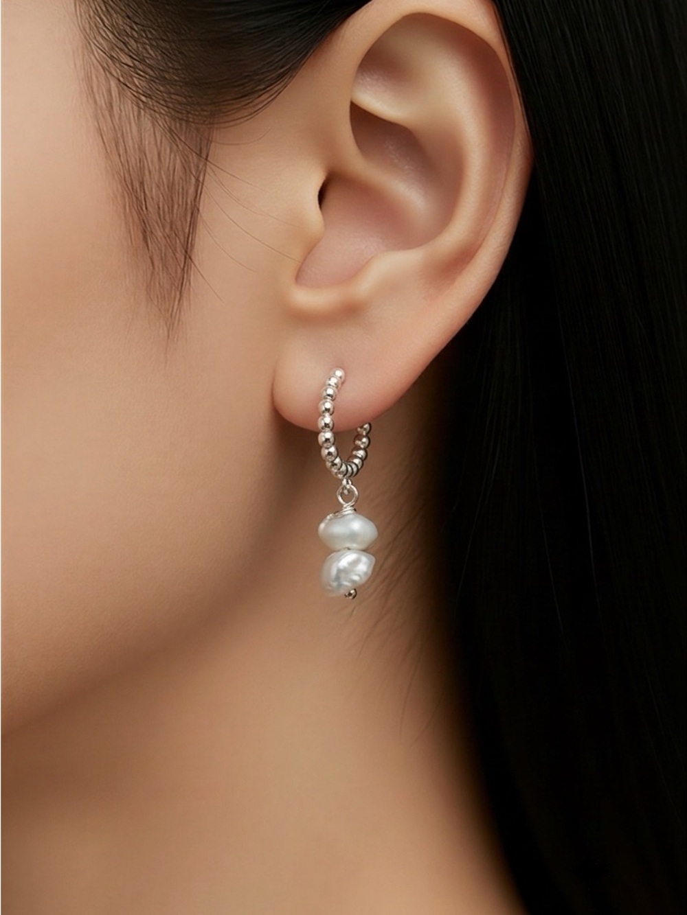 Sterling Silver Beaded Hoop Earrings with White Pearl Drops